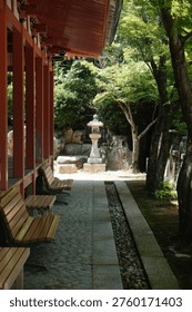 Ancient Stone Lantern Pathway Through Lush Garden