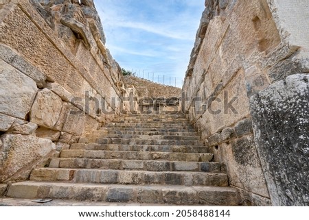 Ancient stone stairs in the ruins of the old city of Ephesus. Ephesus was a city in the southwest of present-day Selcuk in Izmir Province, Turkey.