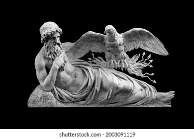 Ancient stone statue of God Zeus. The king of the gods the ruler of mount Olympus and the god of the sky and thunder. The symbol of Zeus and power is an eagle with lightning arrows.