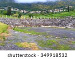 Ancient stone tribunes and the arena of a Greek stadium in Messene, Greece
