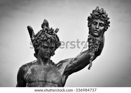 Ancient style sculpture of Perseus with the Head of Medusa in Loggia dei Lanzi in Florence, Italy. Black and white, head close-up
