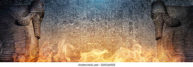Ancient Sumerian text superimposed on papyrus texture and a winged statue of Lamassu, mythical Assyrian deity. Historical background on  theme of Assyria, Mesopotamia, Babylon. Foreground sharpness. - Shutterstock ID 2105166503