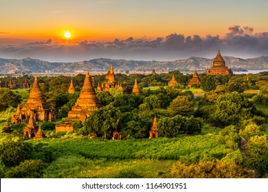 Ancient temple archeology in Bagan after sunset, Myanmar temples in the Bagan Archaeological Zone Pagodas and temples of Bagan world heritage site, Myanmar, Burmar.