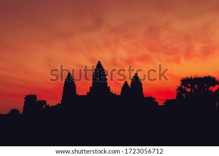 Ancient temple complex Angkor Wat at dawn, silhouette. Siem Reap, Cambodia.