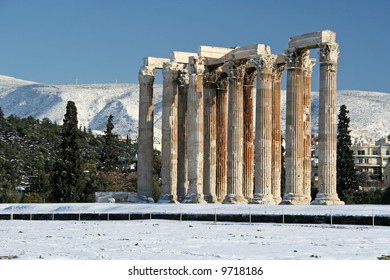 The ancient temple of Olympian Zeus in Athens, Greece, after a snowfall