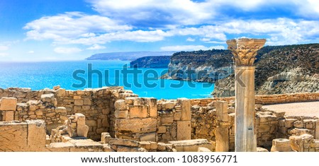 Ancient temples and turquoise sea -main touristic attractions of Cyprus island. columns of Kourion temple
