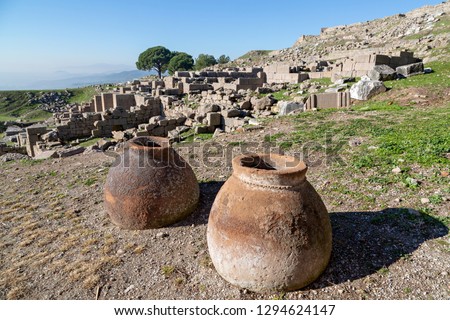 Ancient terracotta jars in the ruins of the Roman city of Pergamum known also as Pergamon, Izmir, Turkey