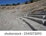 The ancient theatre, also known as the amphitheater of Halicarnassus, showcases the Greco-Roman architectural style in Bodrum, Turkey. It features a cutaway view of the cavea, or the seating area.