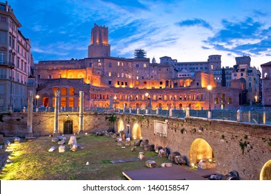 Ancient Trajans Market And Forum Square Of Rome Dawn View, Capital City Of Italy