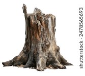 Ancient tree trunk. Dead tree isolated on white background. Barn tree. Isolated root.