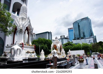 Ancient trimurti god statue and ganesh figure lord of success in shrine for thai people travelers travel visit respect praying blessing holy mystery at Pathumwan on May 15, 2022 in Bangkok, Thailand