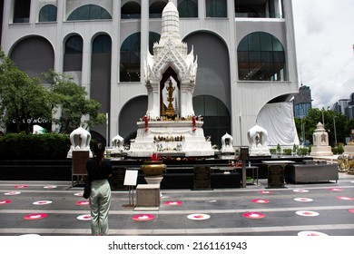 Ancient trimurti god statue or lord supreme trinity figure in shrine for thai people travelers travel visit and respect praying blessing holy mystery at Pathumwan on May 15, 2022 in Bangkok, Thailand