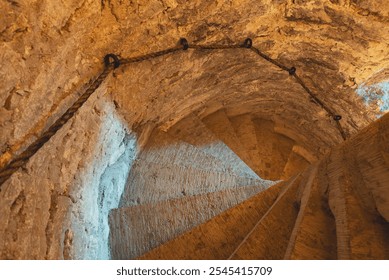 An ancient twisted stone staircase leading down. - Powered by Shutterstock