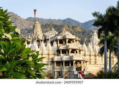 ancient unique temple architecture with bright blue sky at day from different angle image is taken at ranakpur jain temple rajasthan india.