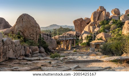 Ancient Vijayanagara Empire civilization ruins of Hampi Beautiful view of the amazing Hampi's ruins. Hampi, is a UNESCO World Heritage Site, Hampi, Karnataka, India