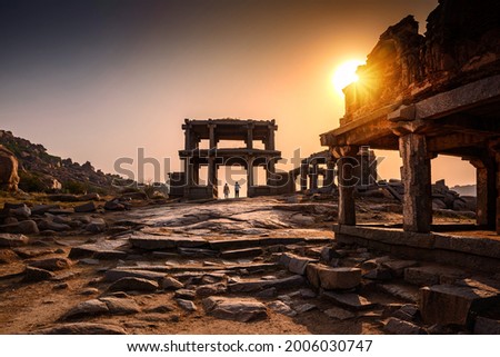 Ancient Vijayanagara Empire civilization ruins of Hampi Beautiful view of the amazing Hampi's ruins. Hampi, is a UNESCO World Heritage Site, Hampi, Karnataka, India