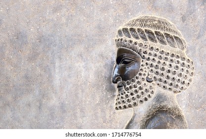 Ancient wall with bas-relief with assyrian warriors, Persepolis, Iran. UNESCO world heritage site. Horizontal background with embossed image persian bearded man. Mock up template. Copy space for text