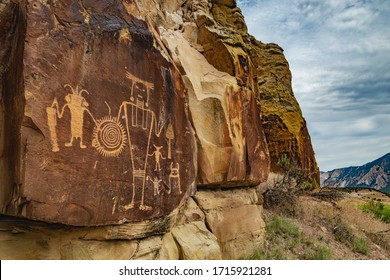 Ancient Warrior And Anthropomorphic Petroglyphs Made By The Fremont People At McKee Springs Inside Dinosaur National Monument, Near The Town Of Jensen And The Utah-Colorado Border, United States.