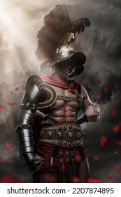 Ancient warrior or Gladiator on a dark sky with sunlight
