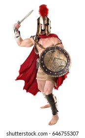 Ancient Warrior Or Gladiator Posing Over A White Background