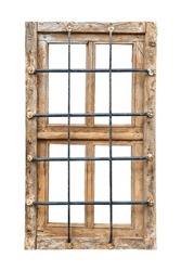 Ancient Weathered Prison Window With Rusted Steel Bars Isolated On A White Background