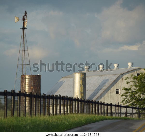 Ancient White Barn Country Road Silo Royalty Free Stock Image