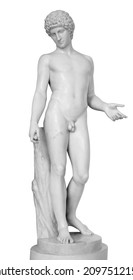 Ancient White Marble Full Length Sculpture Of Naked Young Man. Antique Classic Statue Of Youngster Isolated On White. Stone Figure Of Teenager