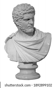 Ancient white marble sculpture bust of Caracalla. Marcus Aurelius Severus Antoninus Augustus known as Antoninus. Roman emperor. Isolated on white