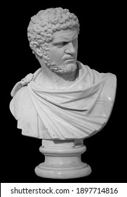 Ancient white marble sculpture bust of Caracalla. Marcus Aurelius Severus Antoninus Augustus known as Antoninus. Roman emperor. Isolated on black