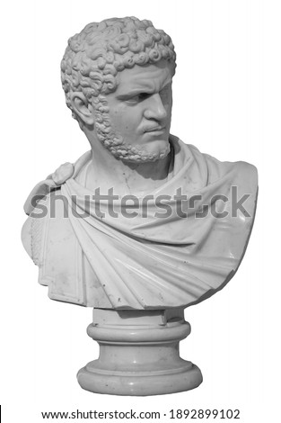 Ancient white marble sculpture bust of Caracalla. Marcus Aurelius Severus Antoninus Augustus known as Antoninus. Roman emperor. Isolated on white