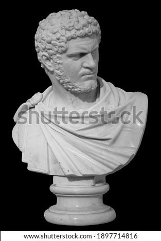 Ancient white marble sculpture bust of Caracalla. Marcus Aurelius Severus Antoninus Augustus known as Antoninus. Roman emperor. Isolated on black