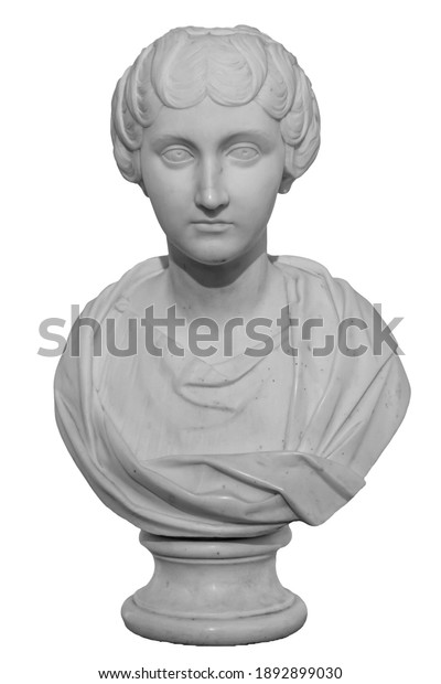 Ancient white marble sculpture bust of Faustina the\
Younger. Wife of Roman Emperor Marcus Aurelius. Statue of young\
woman isolated on white
