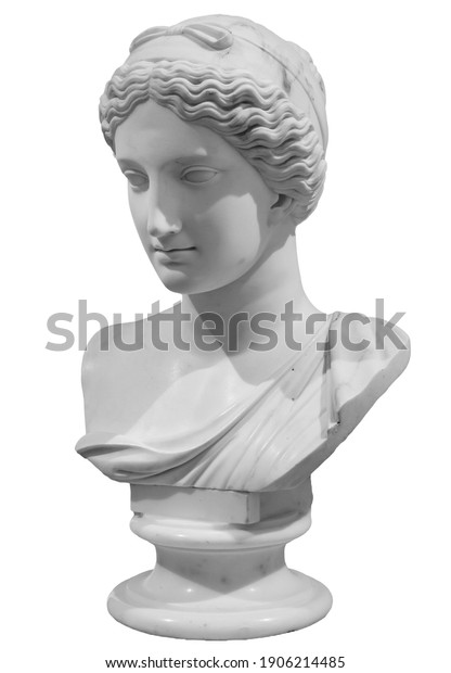 Ancient\
white marble sculpture head of young woman. Statue of sensual\
renaissance art era naked woman antique\
style