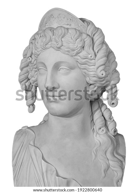 Ancient white marble sculpture head of young\
woman. Statue of sensual renaissance art era woman antique style.\
Face isolated on white\
background