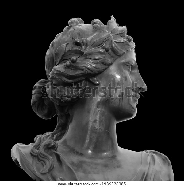 Ancient white marble sculpture head of young\
woman. Statue of sensual renaissance art era woman antique style.\
Face isolated on black\
background
