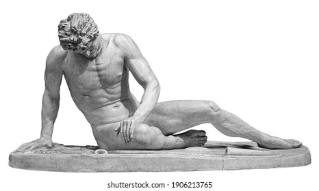 Ancient white marble sculpture of naked dying man Gaul. Antique classic statue of soldier isolated on white. Stone wounded male figure
