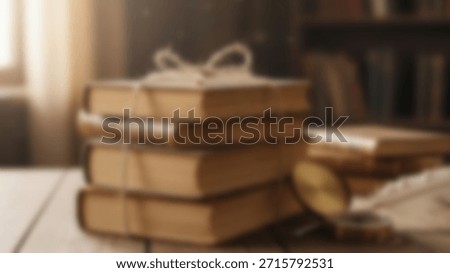 Ancient Wisdom Stack Books with feather, and and compass on a vintage wooden desk.