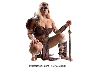 Ancient woman warrior or Gladiator isolated in white