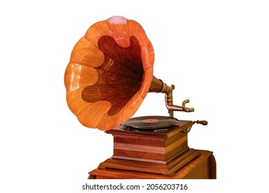 Ancient Wooden Gramophone. The Gramophone Or Phonograph Is A Device For The Mechanical Recording And Reproduction Of Sound