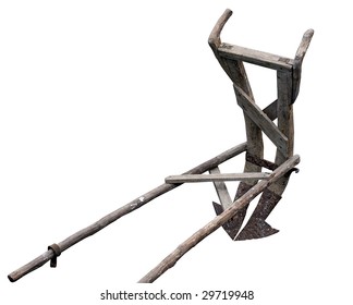 Ancient Wooden Plough Isolated On A White Background