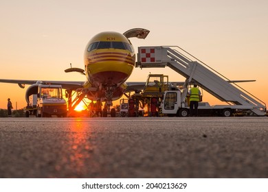 Ancona, Italy - August 26 2021: A Boeing 757 cargo aircraft resting on the airport apron.