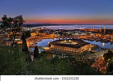 Ancona, Marche, Italy: night landscape of the bay with the ancient lazaretto Mole Vanvitelliana, pentagonal architecture built on 18th-century as a quarantine station
