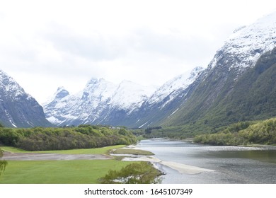 Andalsnes, Norway, May 11, 2019,  Åndalsnes In Fjord Norway, Famed For The Romsdalseggen Ridge, Rampestreken Viewpoint, And The Rauma Line, Europe's Most Beautiful Train Journey.