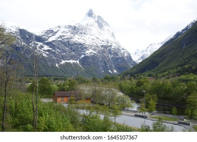 Andalsnes, Norway, May 11, 2019,  Åndalsnes In Fjord Norway, Famed For The Romsdalseggen Ridge, Rampestreken Viewpoint, And The Rauma Line, Europe's Most Beautiful Train Journey.