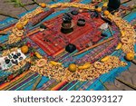 Andean indigenous ritual in Otavalo Ecuador South America where food from the land is shared among all the Otavalo indigenous people.