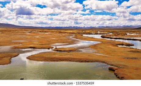 Andean Landscape with lagoons, blue and cloudy sky