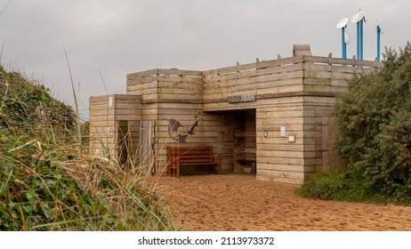 ANDERBY CREEK, LINCOLNSHIRE ENGLAND - NOVEMBER 16 2021: The Cloud Bar timber observation platform at the entrance to the beach on the North Sea coast