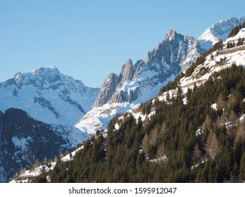 Andermatt Ski Slopes With Blue Sky, Switzerland