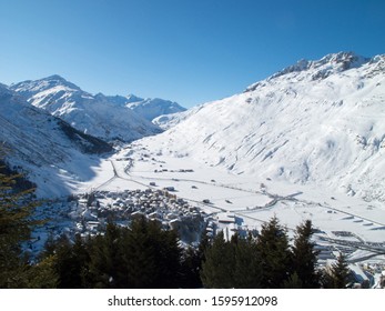 Andermatt Ski Slopes With Blue Sky, Switzerland