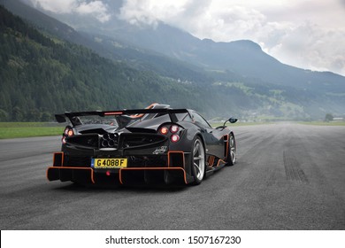 Andermatt, Switzerland - August 2019: Pagani Huayra Imola limited edition supercar, only 5 of which will be built, attending annual Supercar Owners Circle event held in Uri canton of Switzerland.